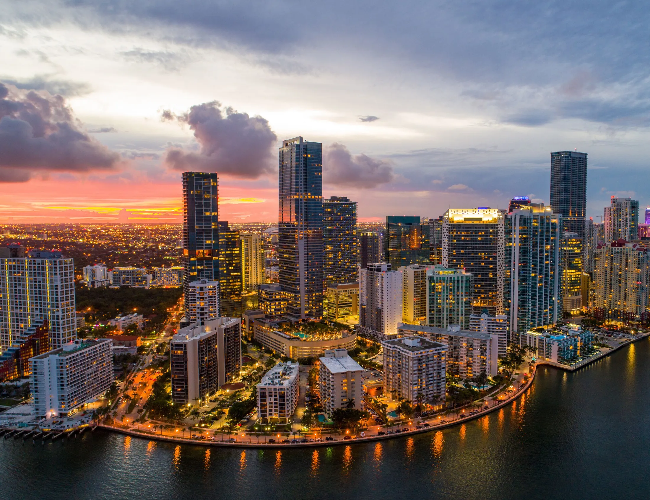 Brickell skyline and the bay at dusk