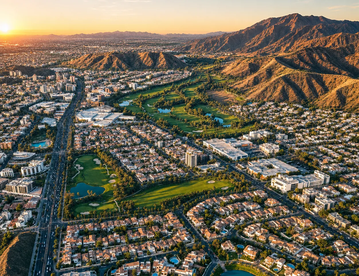 Aerial view of a green city valley at sunset