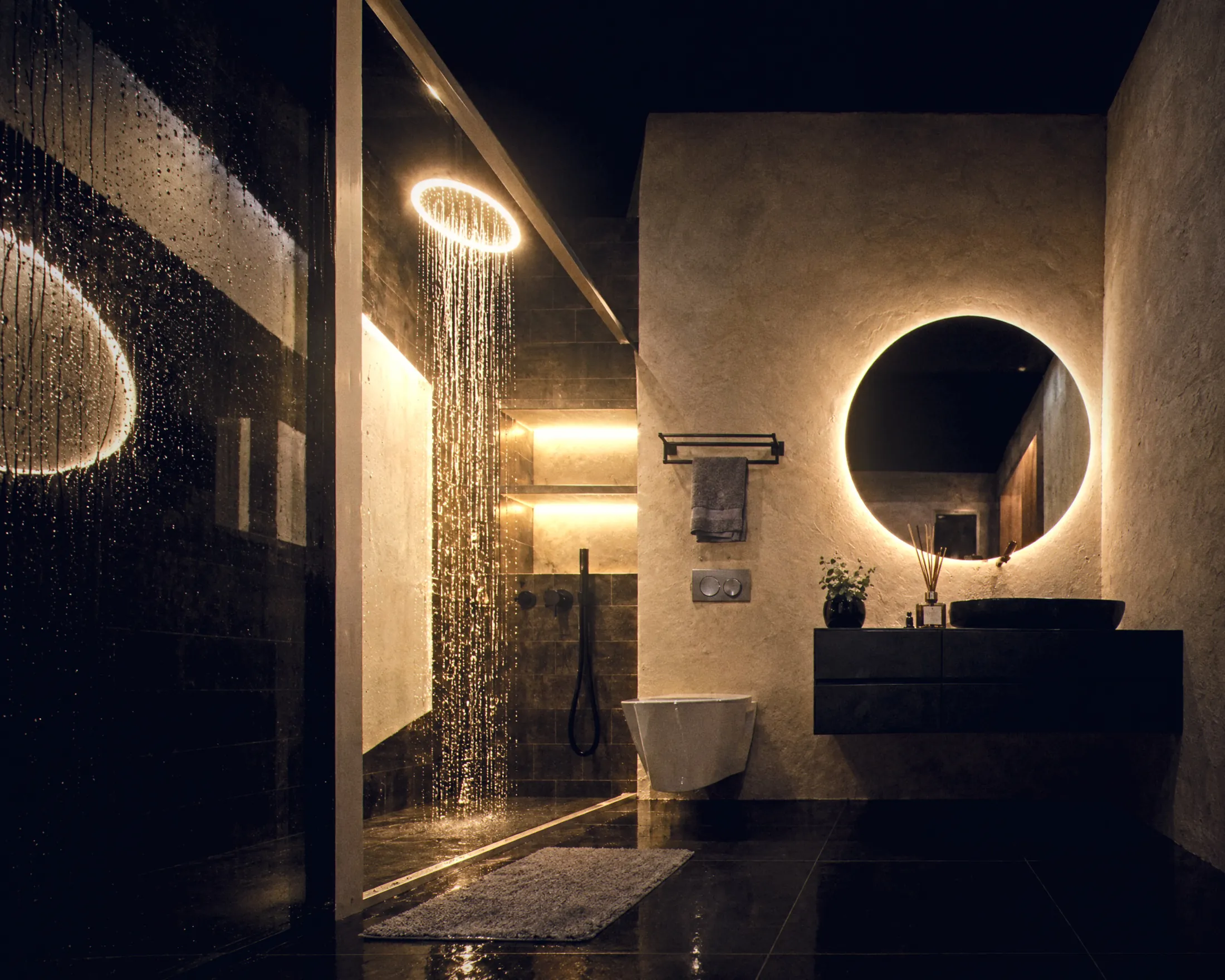 Bathroom with rain shower and round mirror