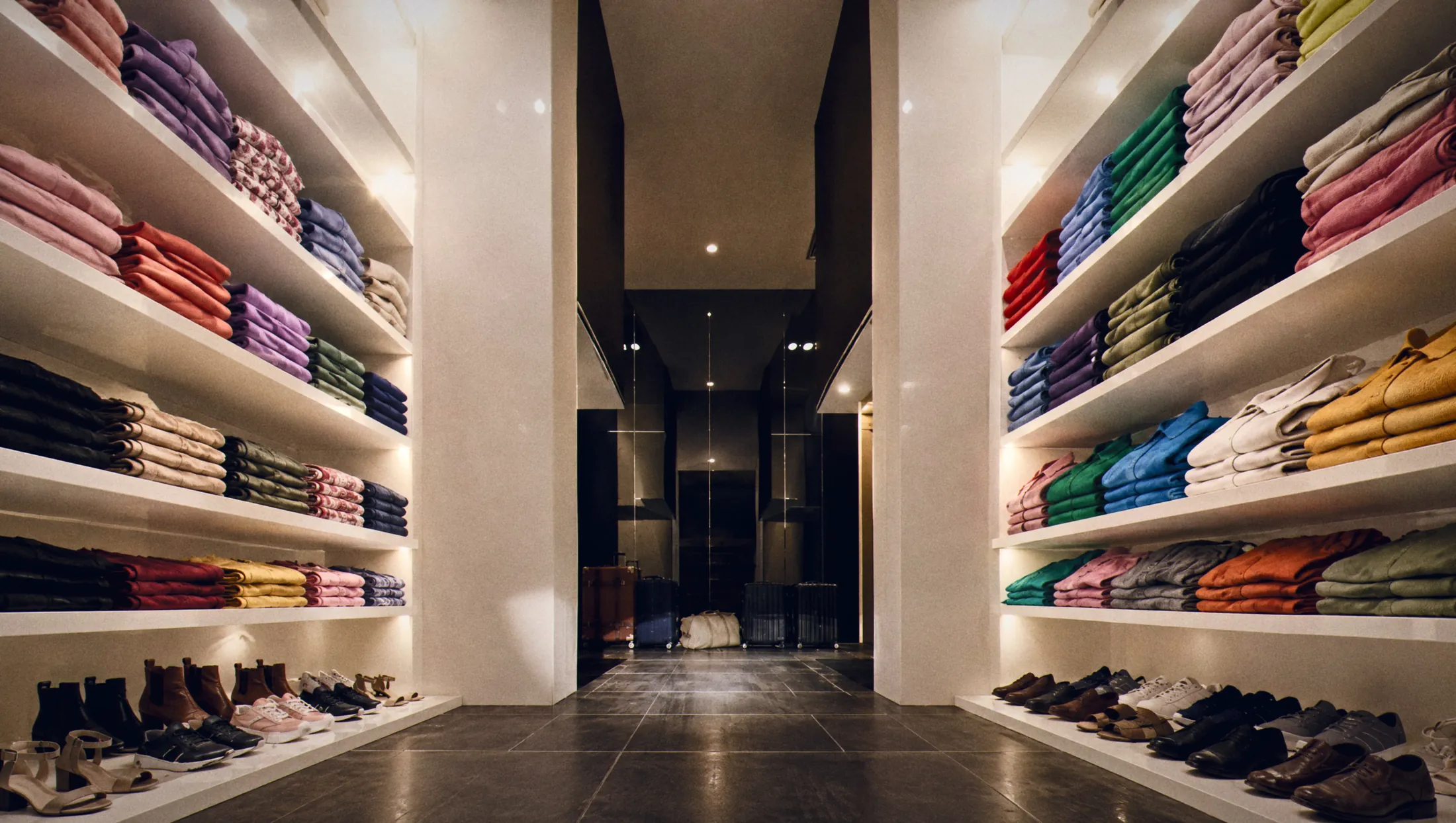 Walk-in closet with colorful folded clothes