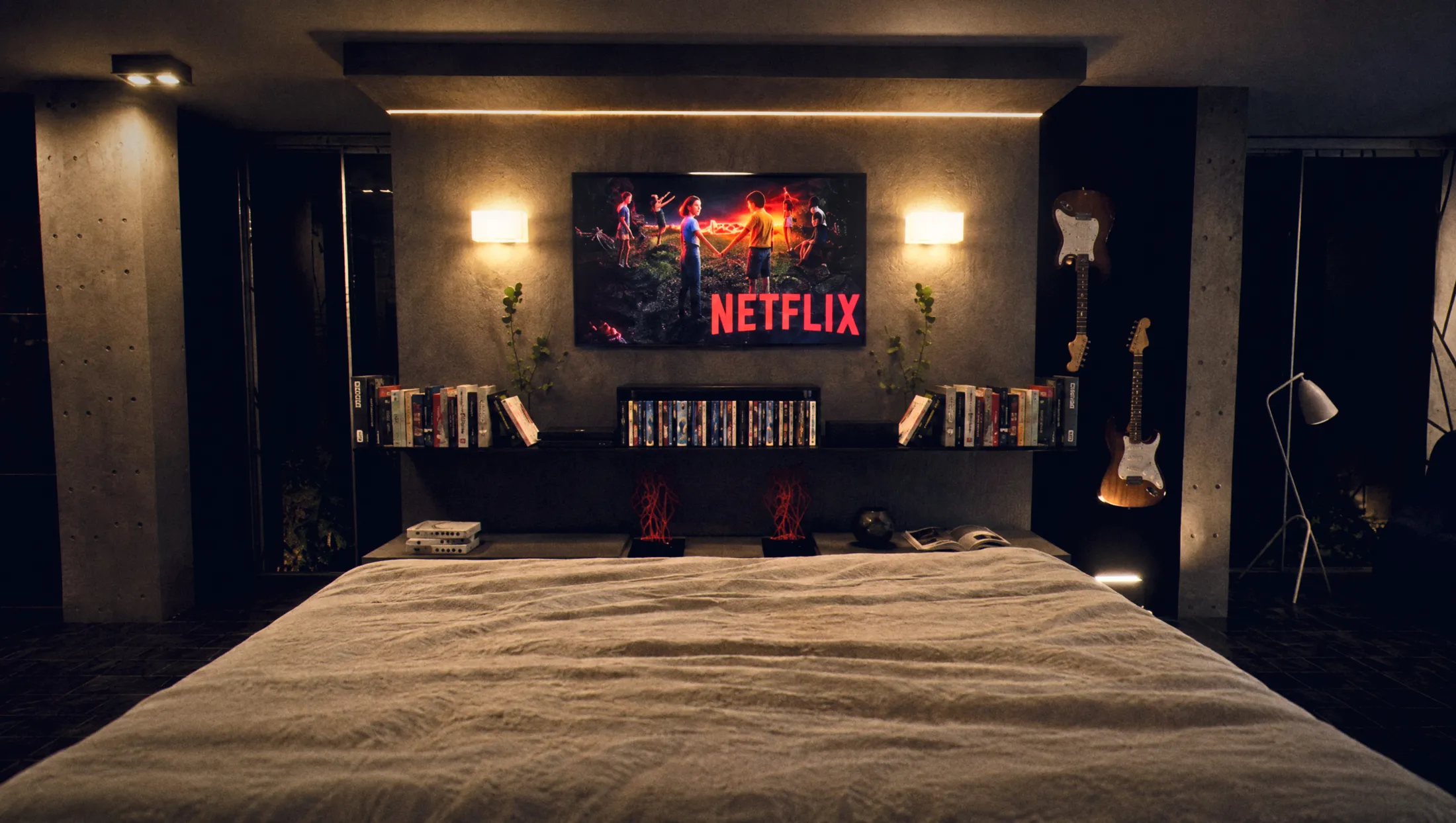 Media wall facing the bed