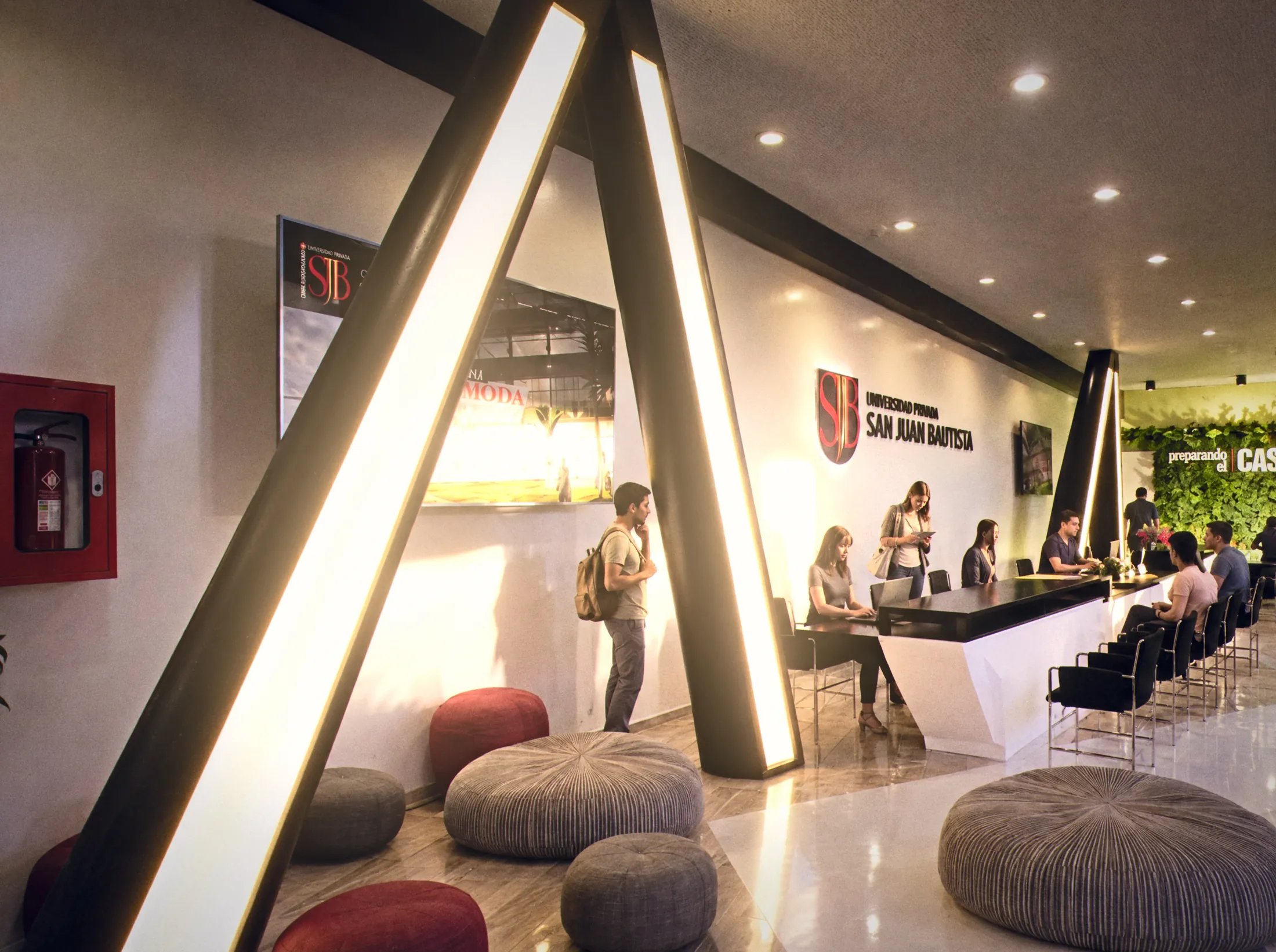 Lounge under lit A-frame portals