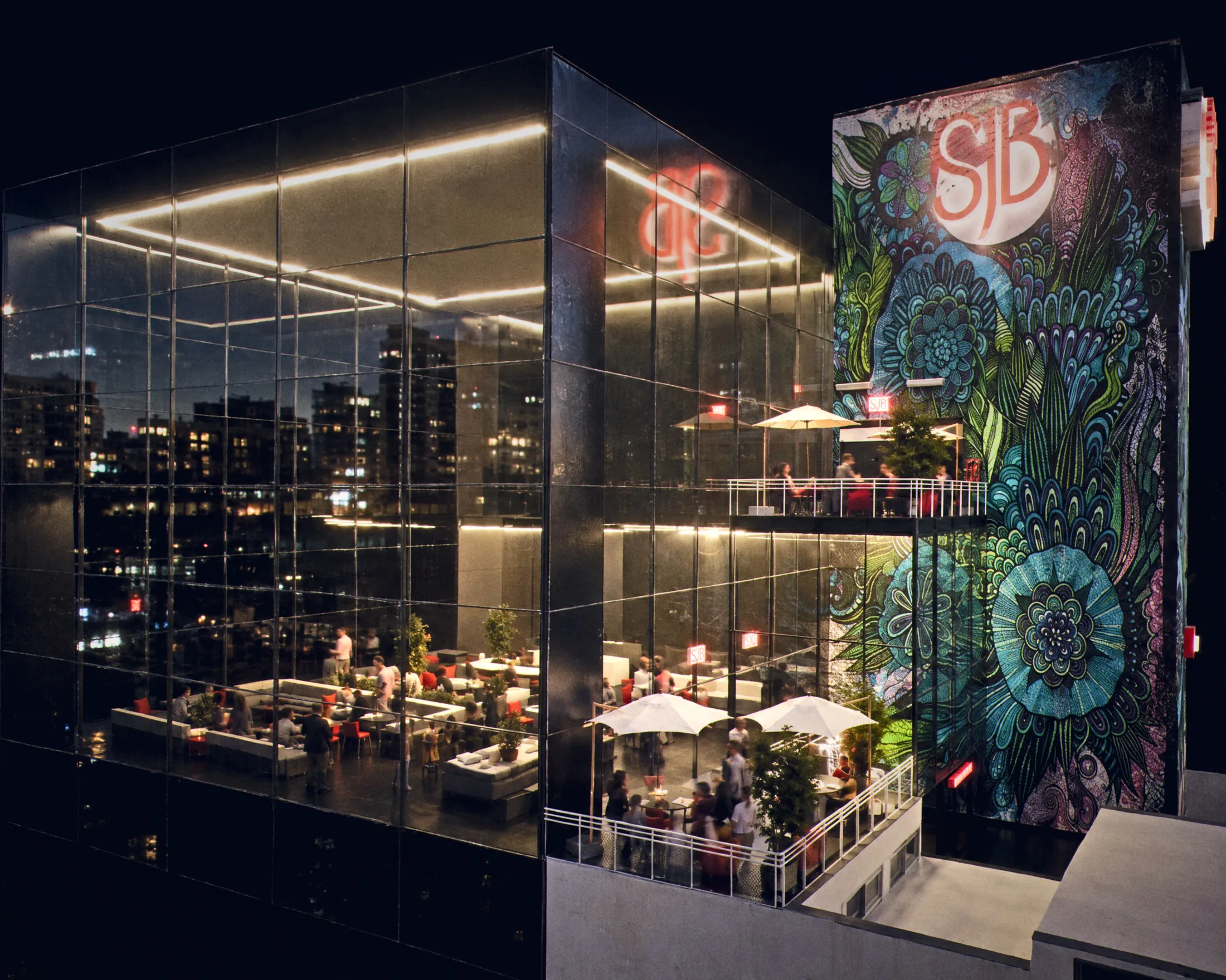 Glass tower with a large botanical mural