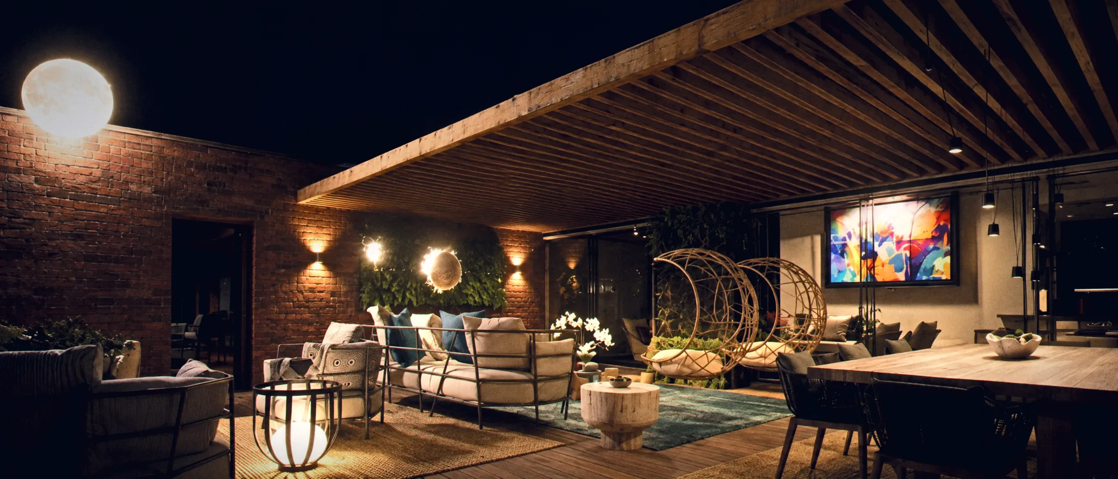 Terrace lounge under a timber canopy