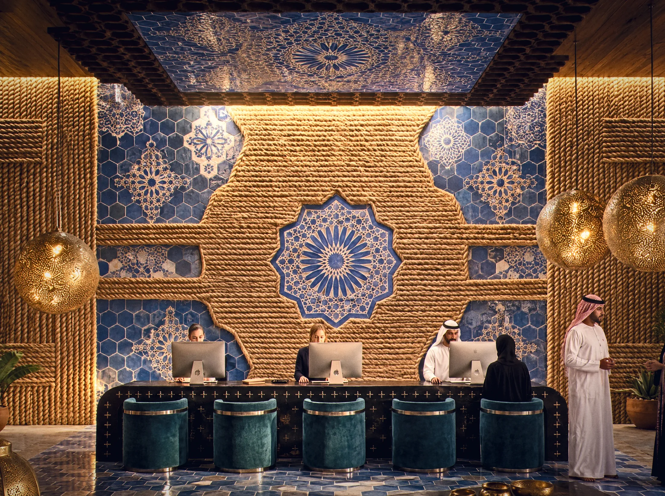 Moroccan lobby with blue tiles and rope walls