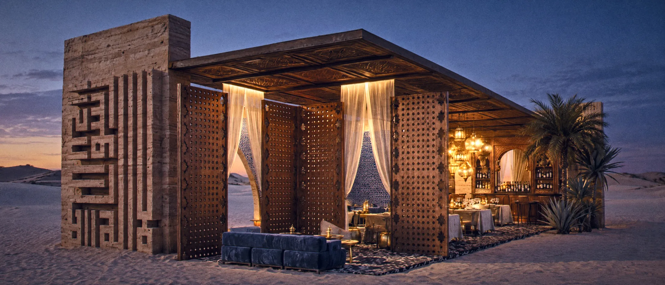 Timber pavilion with carved lattice screens at blue hour