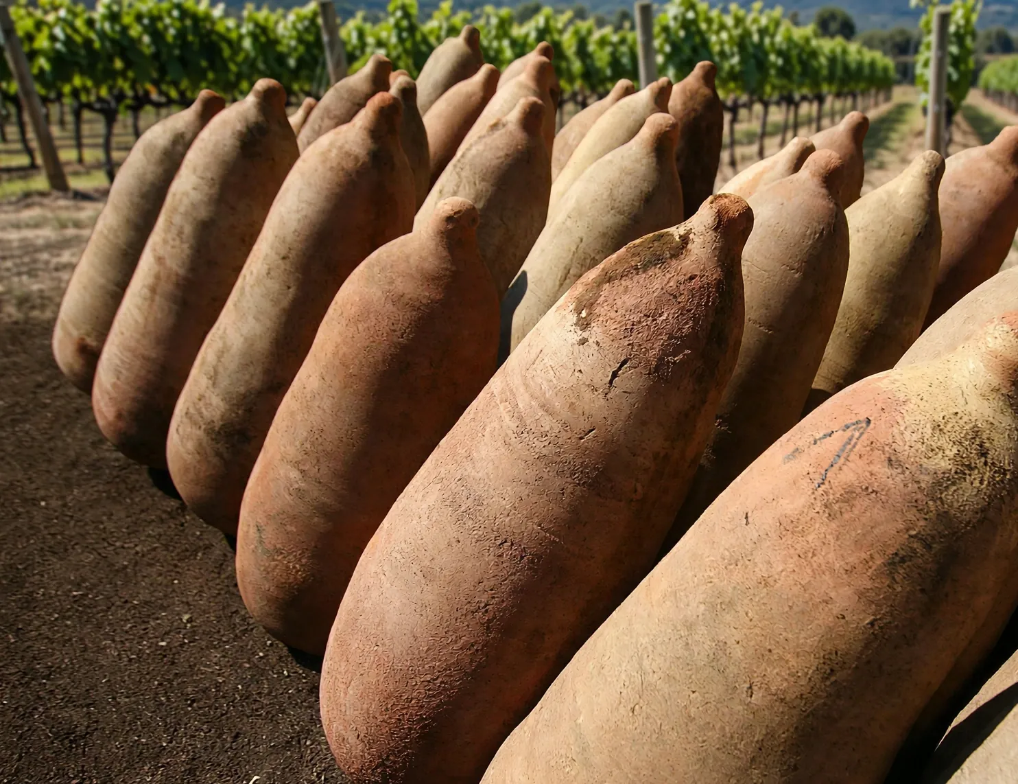 Clay pisco jars lying in a vineyard