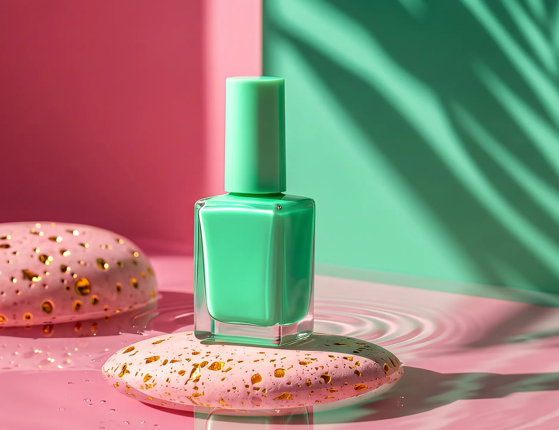 Mint nail polish on a speckled pink stone
