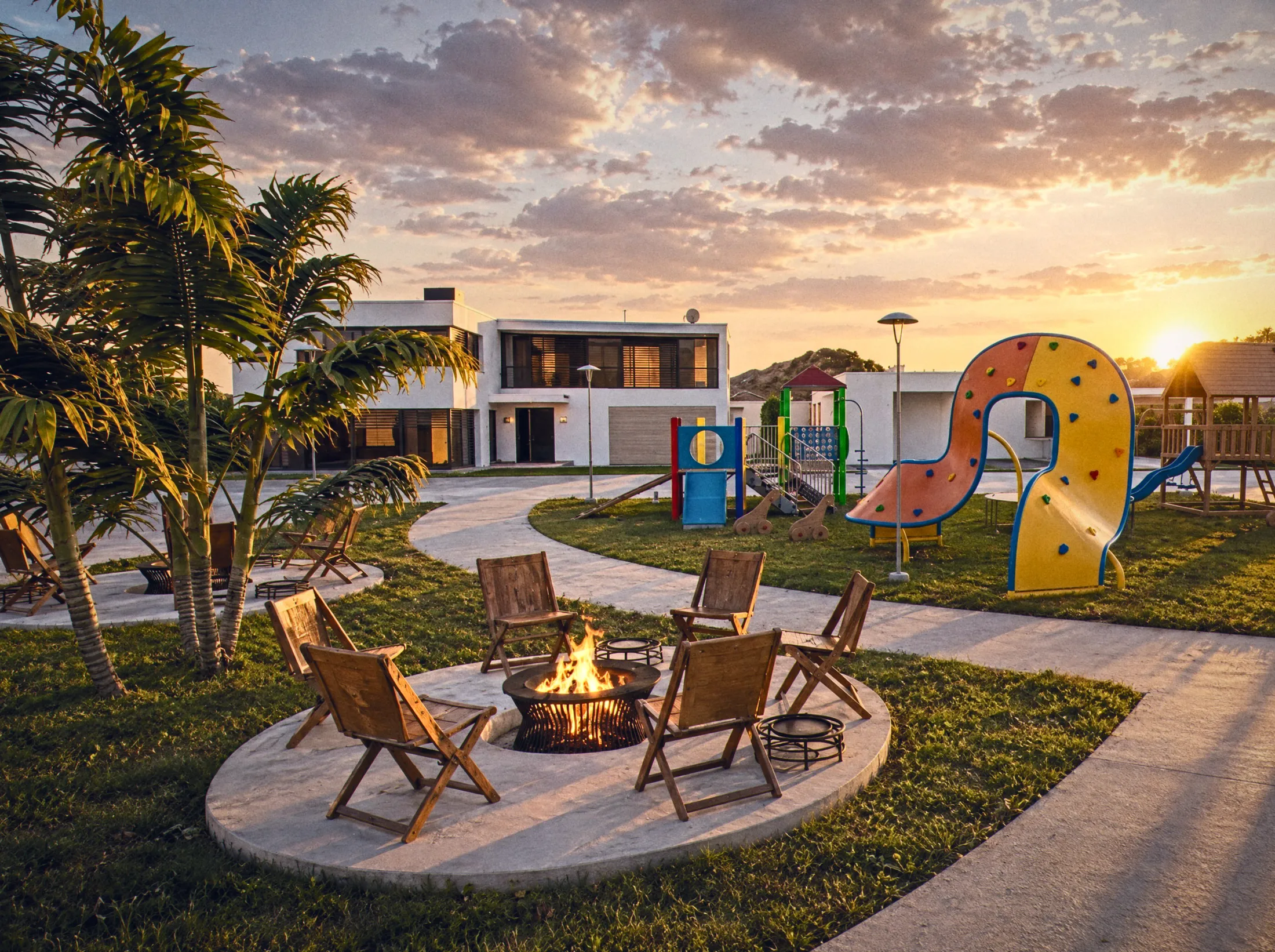 Fire pit and playground at sunset