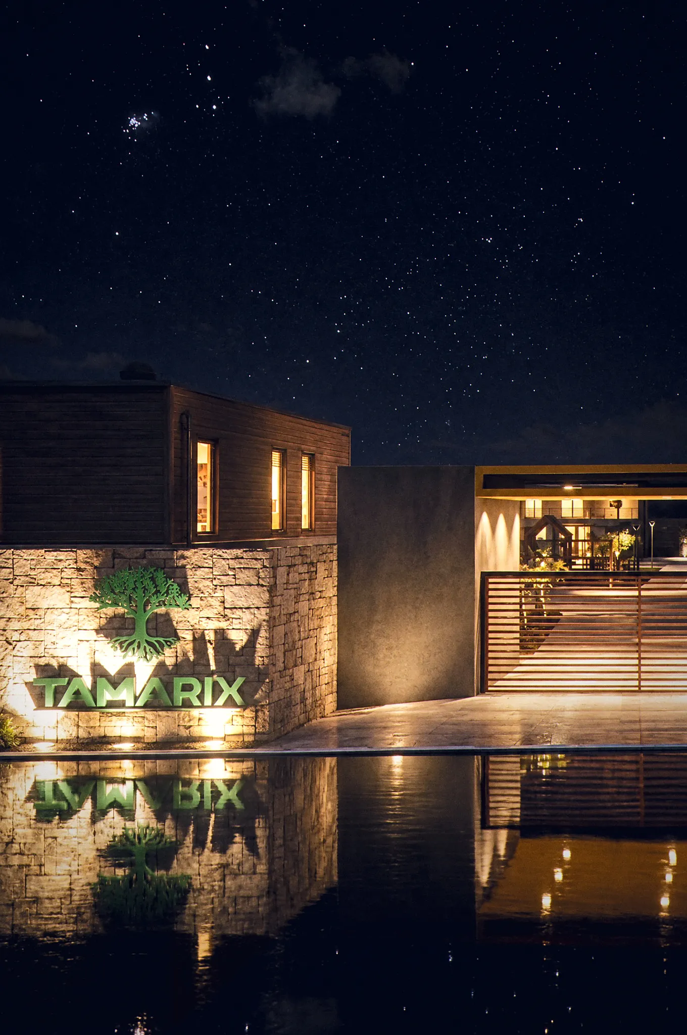 Condominium entrance at night